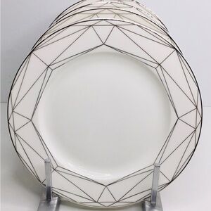 4 Dinner Plates 10.5” Joseph Sedgh Collection Porcelain White Silver Trim Ri…